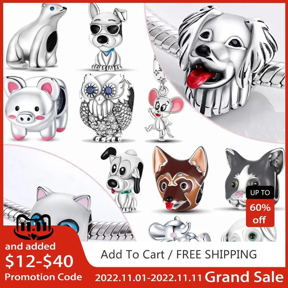 

925 Sterling Silver Animals Owl Turtle Charms Cute Cat Dog Mouse Bear Beads Fit For Pandora Original Bracelet DIY Jewelry Making