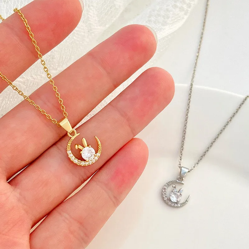 

Romantic Exquisite Rabbit Moon Clavicle Necklaces For Women Girl Fashion Zircon Animal Necklace Accessories Party Jewelry Gifts