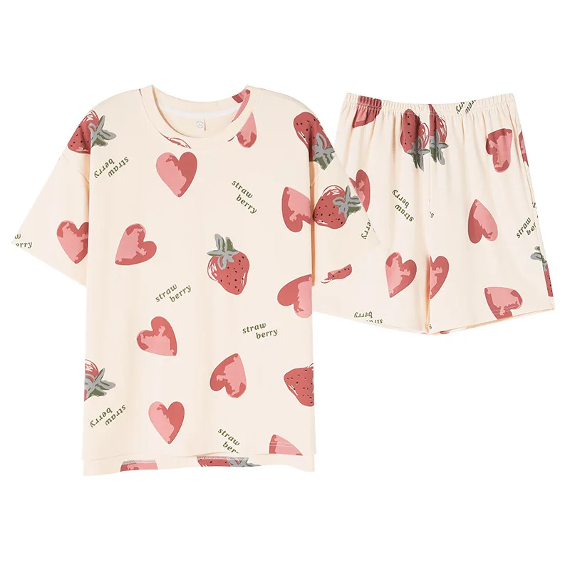 Pajamas for Women's Summer Pure Cotton Small Fresh and Sweet Short-sleeved Shorts Home Suit Breathable Nightwear with Round Neck
