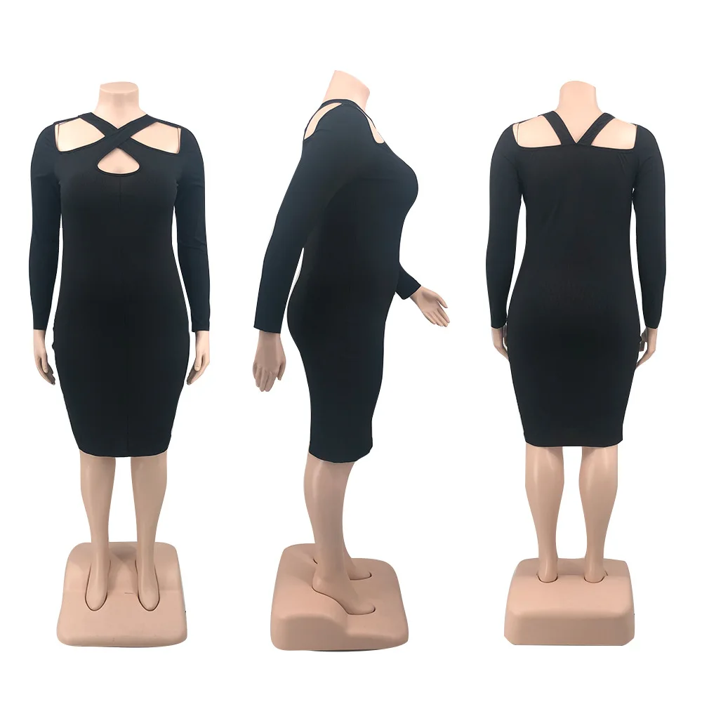 Plus Size Dresses Solid Long Sleeve Hollow Out Slim Fit Party Dresses Evening Dresses Long Sleeve Dresses for Women Sexy & Club