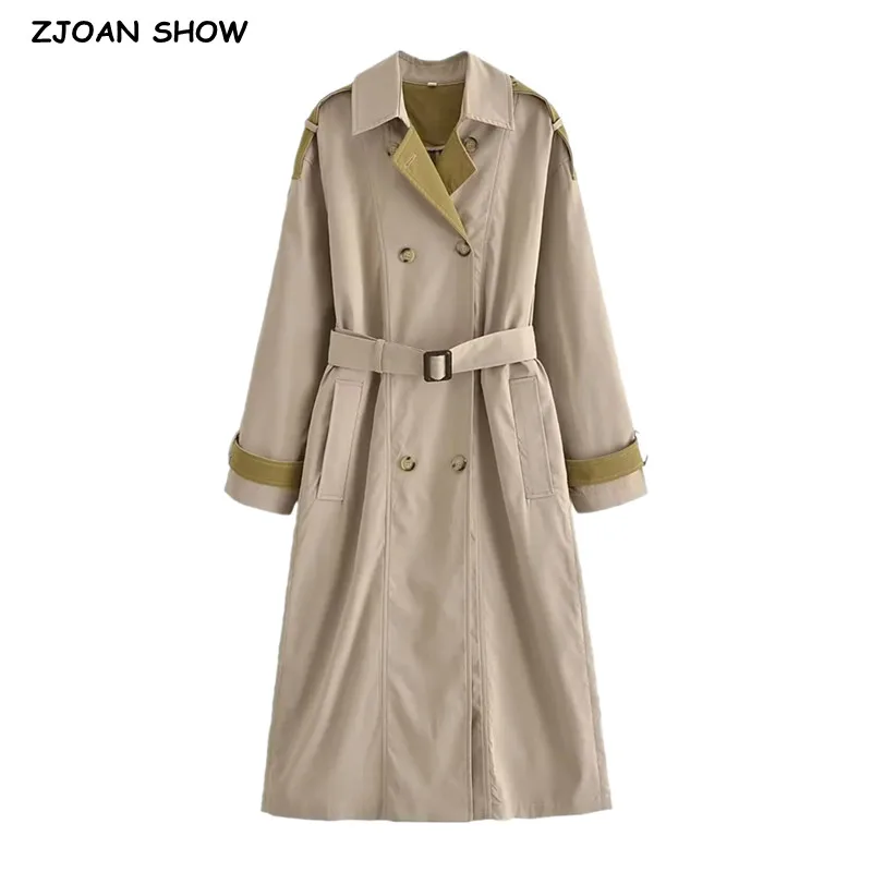 

Женский Длинный Тренч средней длины, Повседневная Свободная Ветровка цвета хаки контрастных цветов с отложным воротником и поясом, осень 2023