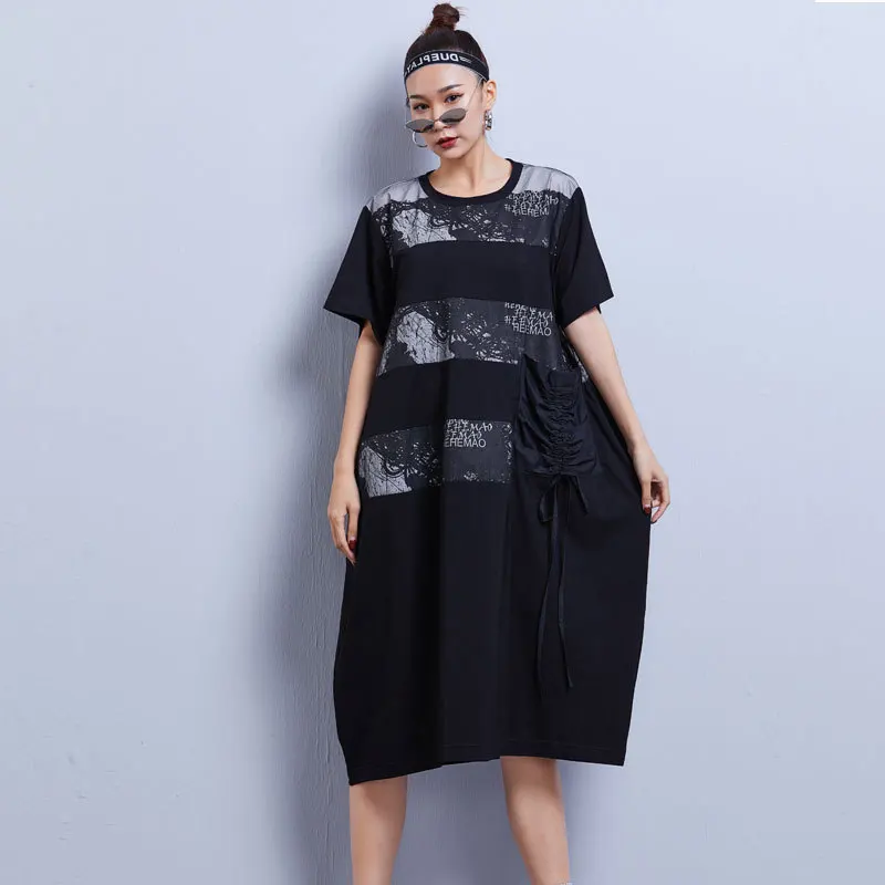 

SuperAen 2022 новые летние свободные женские платья до середины икры с круглым вырезом и принтом оверсайз