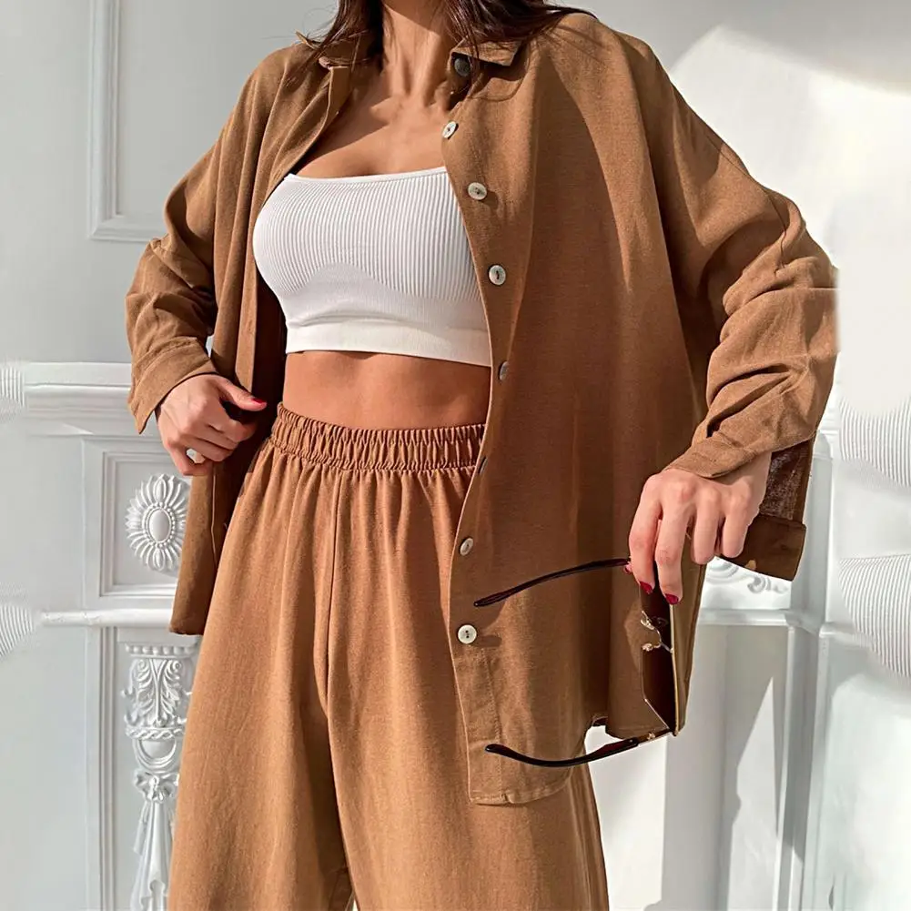 

1 Set Sporty Outfit Loose Casual Cotton Blend Long Sleeve Solid Single-Breasted Top Lace-Up Trousers Women Outfit for Daily Wear
