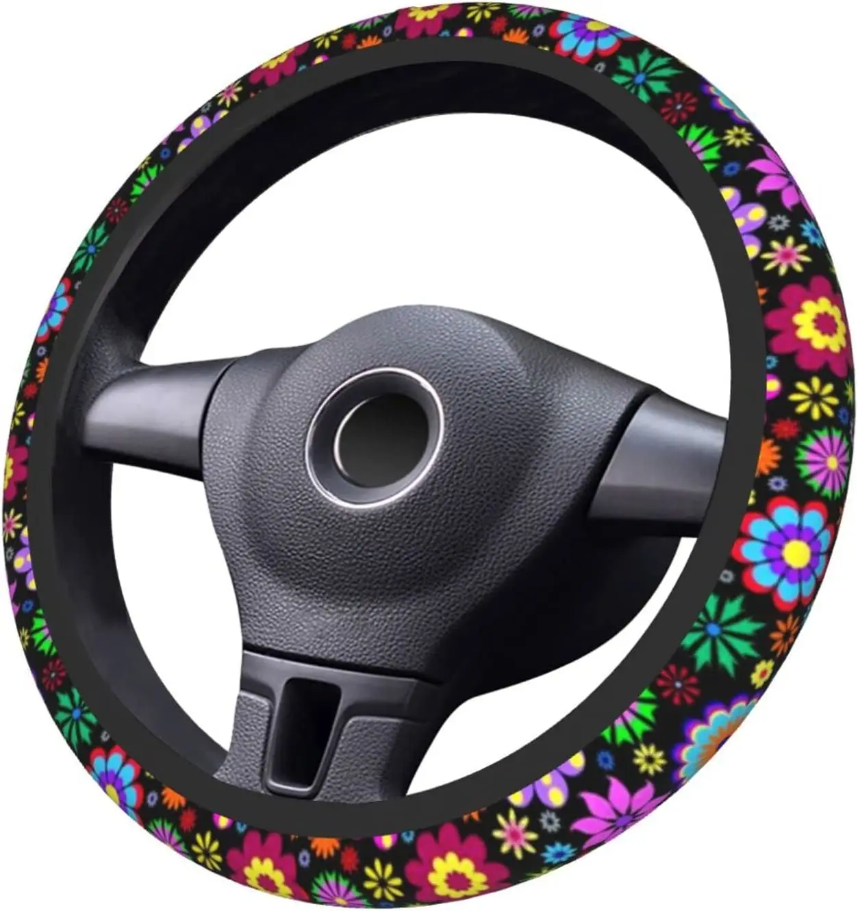 

Hippie Flower Pattern Steering Wheel Cover 15 InchNeoprene Anti-Slip Universal Steering Wheel Wrap for Women/Men Car Decoration