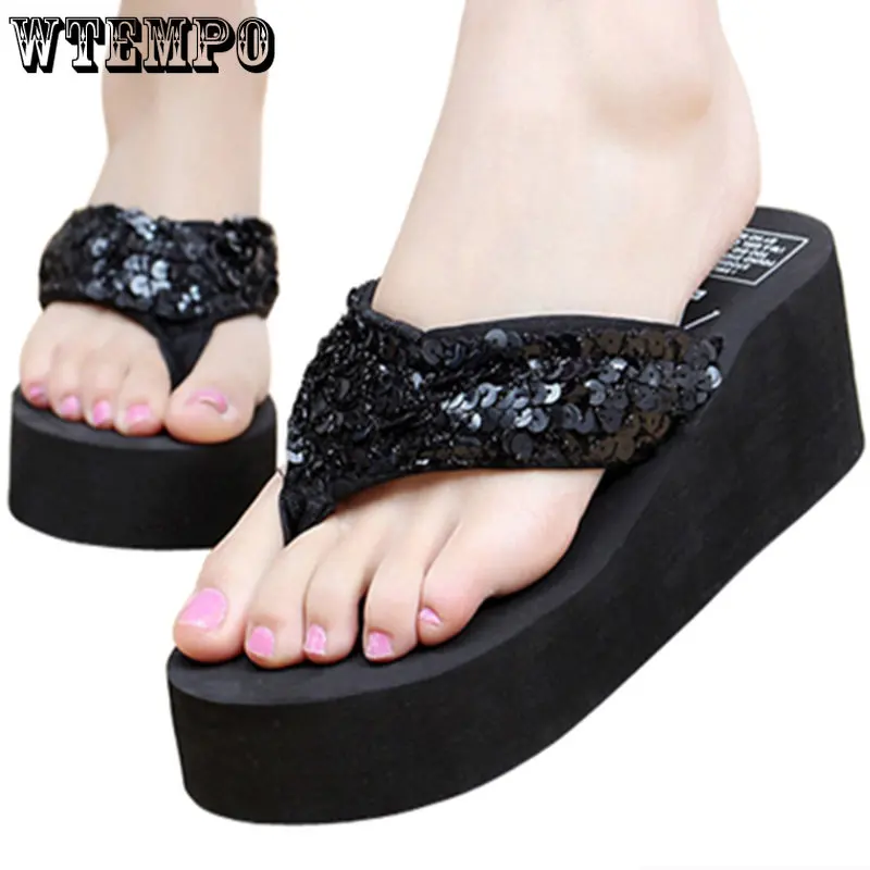 WTEMPO Women Summer Sandals Sequins Beach Female Flip Flops Girls High Heel Shoes for Platform Wedge Slippers Dropshipping