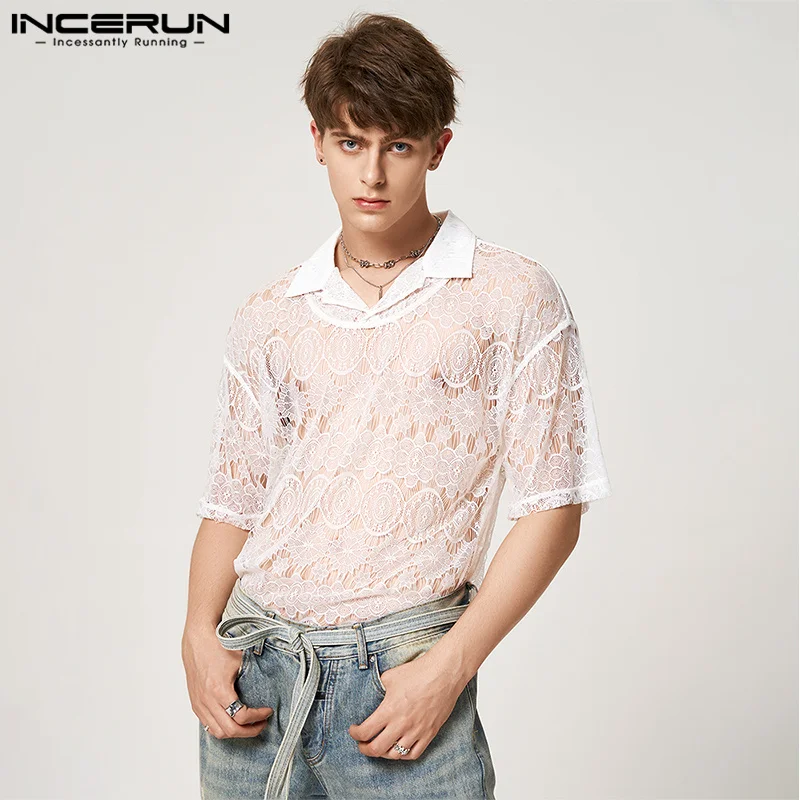 

INCERUN Tops 2023 Handsome Men Sexy Lace Print Perspective Short Sleeved Lapel Shirts Casual Well Fitting Male Thin Blouse S-5XL