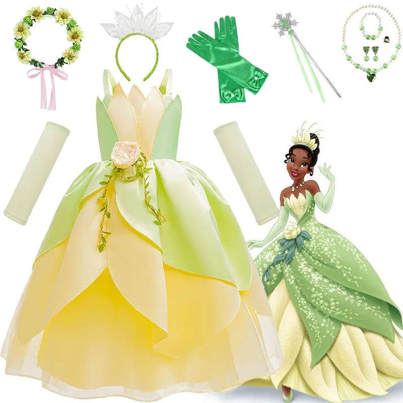 

Princess Tiana Costume For Girls Cosplay Ball Gown Kids Birthday Gift Dress The Princess And The Frog Luxury Dress 2-10Years