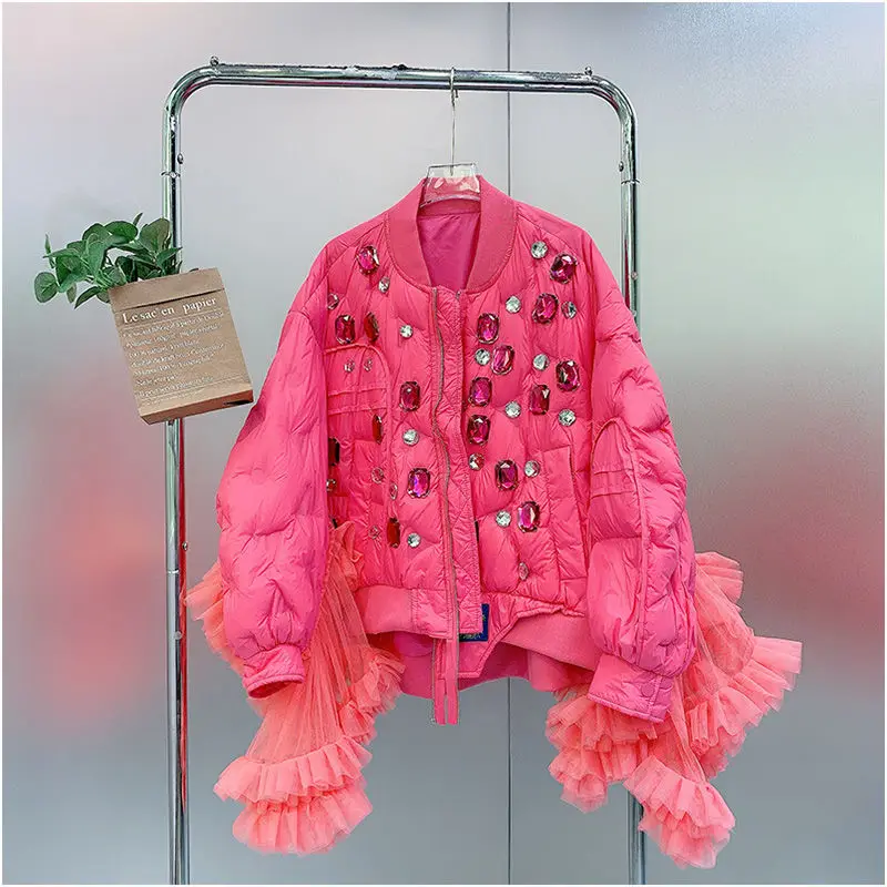 Pink Women Wadded Jacket 2022 New Winter Fashion Ruffles Mesh Patchwork Diamond Gemstone Long Sleeve Cotton-padded Coat