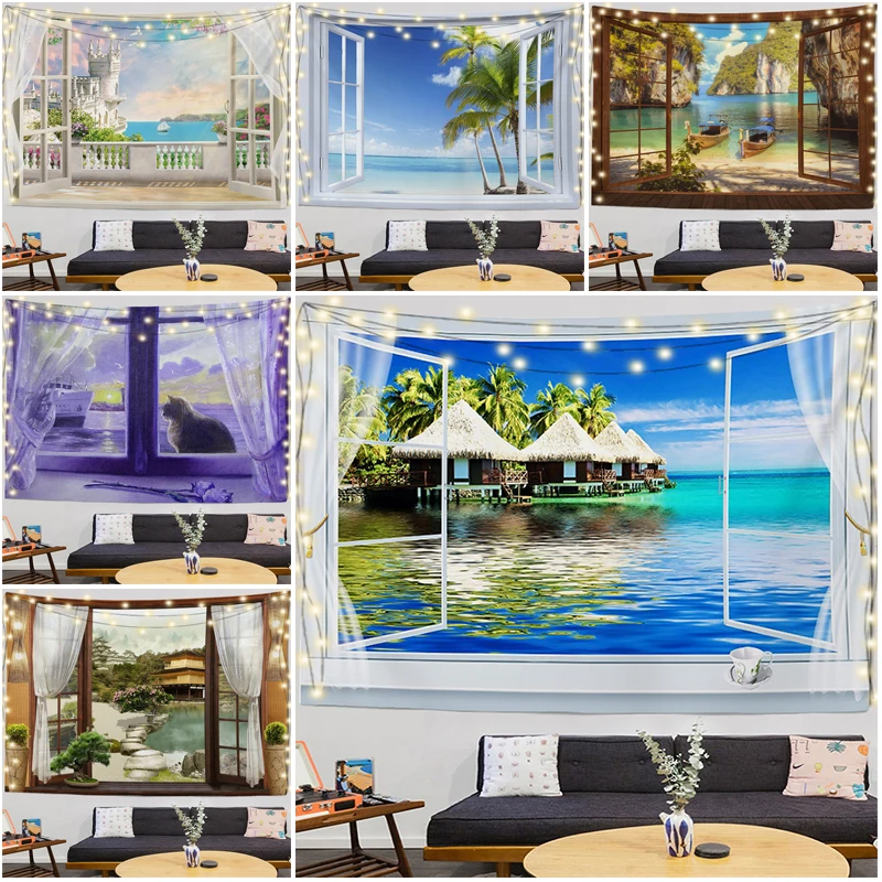 

Room Decor Aesthetic Tapestry Wall Hanging Home Outside The Window Sandbeach Seascape Scenery Art Tapestries Bedroom Decoration