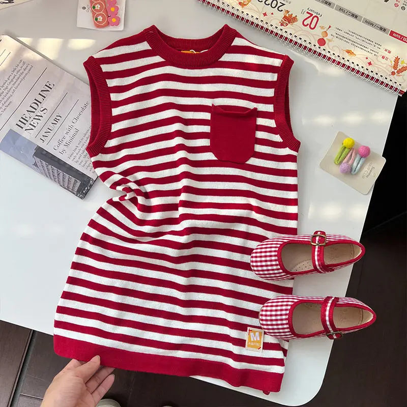 

Girls Casual Dresses Red Stirped Soft Comfortable Colorful Pretty Lively Simple Fashion New Pattern Arder Personality Korean