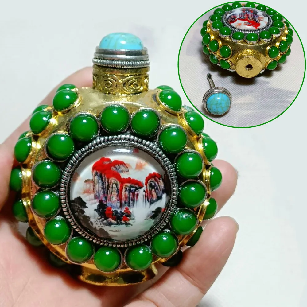 

Brass Alloy Snuff Bottle Pendant Double-sided Glows at night Landscape map Handmade Cigarette Locket Classical Charm Accessories