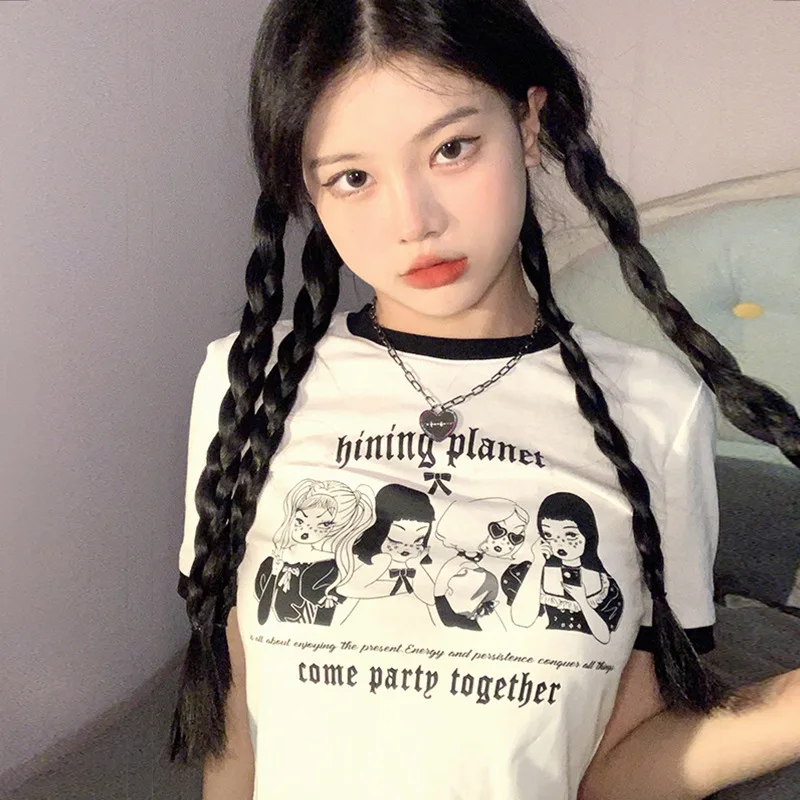 

Spicy Girls' Short Sleeve 2023 Summer Round Neck New Slim Fit Sexy Open Umbilical Short Women's Top T-shirt M-XXL Size