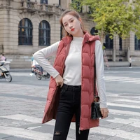 2022 womens mid length vest down padded jacket solid color hooded sleeveless zipper jacket warm casual coat outerwear fashion
