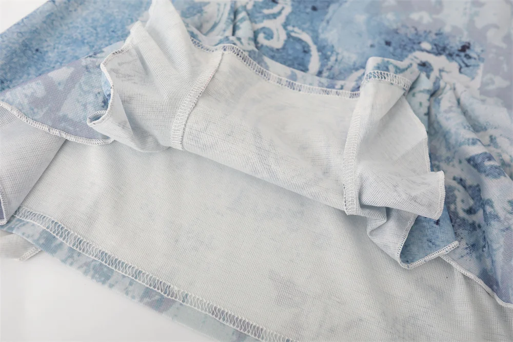 Лидер продаж женская синяя блузка с оборками и принтом из пятен открытыми