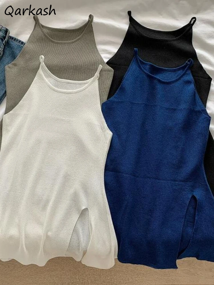 

4 Colors Tanks Women Knitted Elegant Chic Sleeveless Summer O-neck Temper Sexy Side-slit Ulzzang Slim Pure All-match Tops Daily