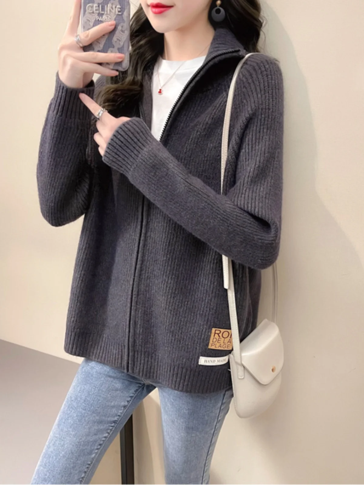 Ранняя осень женский свитер свободный модный вязаный кардиган на молнии