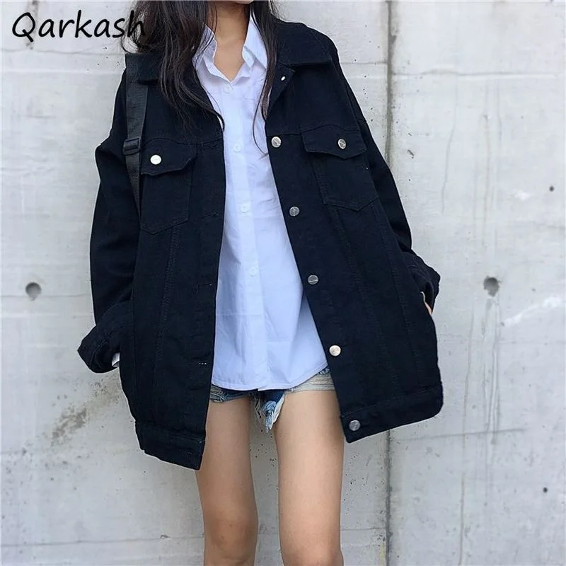 

Basic Jackets Women Denim Single Breasted Simple Loose All-match Classic Autumn Outwear College Unisex Daily Cozy Couple Ulzzang