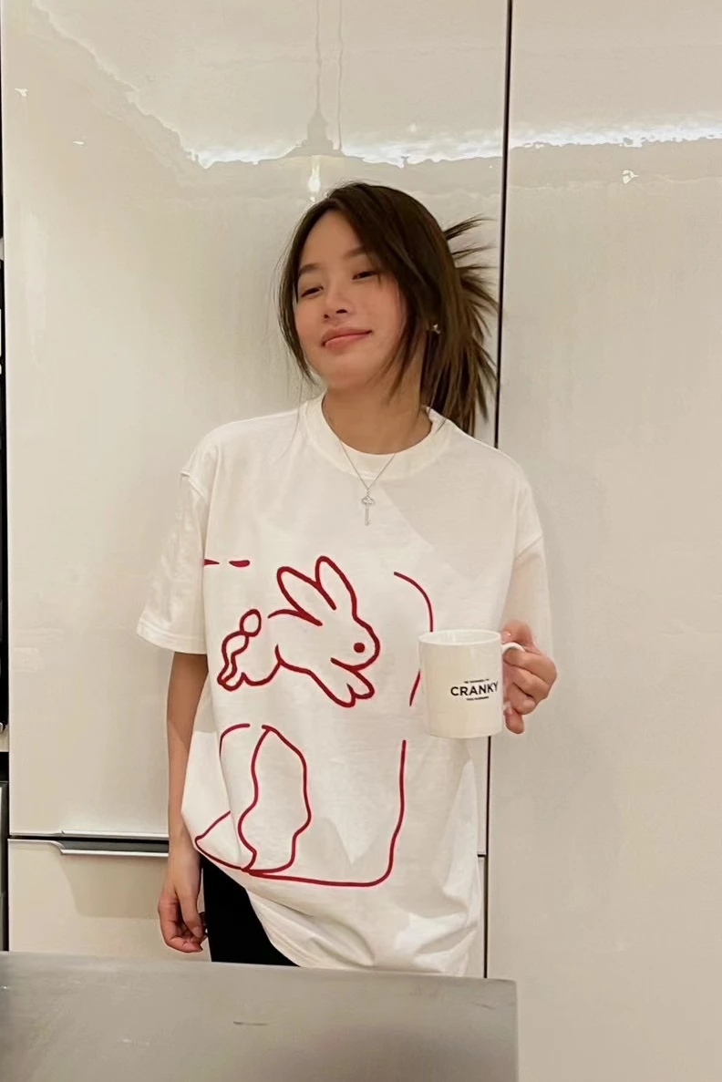 

Футболка женская с коротким рукавом, милый топ с мультяшным Кроликом, свободная белая уличная одежда в стиле Харадзюку, Y2K, на лето