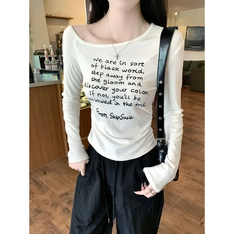 Женская ранняя осень новая футболка с буквенным принтом облегающая талию