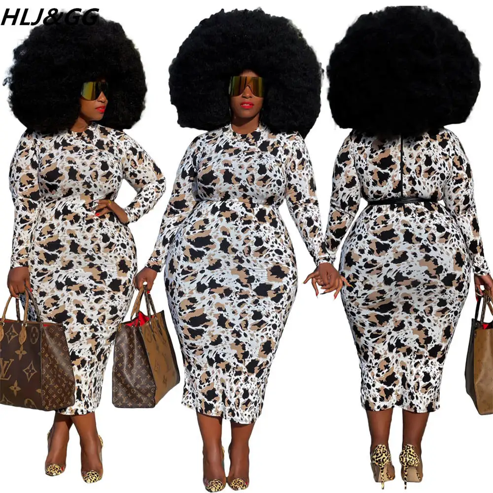 HLJ&GG Fall Winter Plus Size Women Clothing 5XL Casual Round Neck Long Sleeve Leopard Print Mid Dresses Fashion Bodycon Vestidos