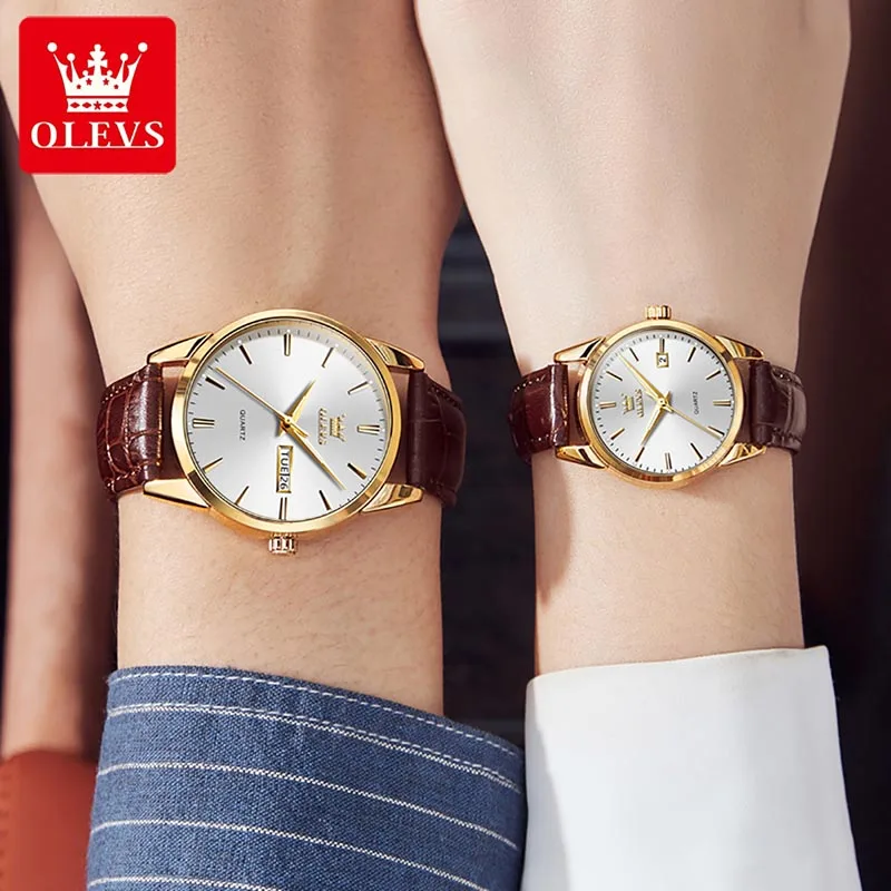 OLEVS Couple Watches Set Men Women Quartz Watch Mens Womens Genuine Leather Strap Luxury Gold Plated Case Lover Watch Gift 6898