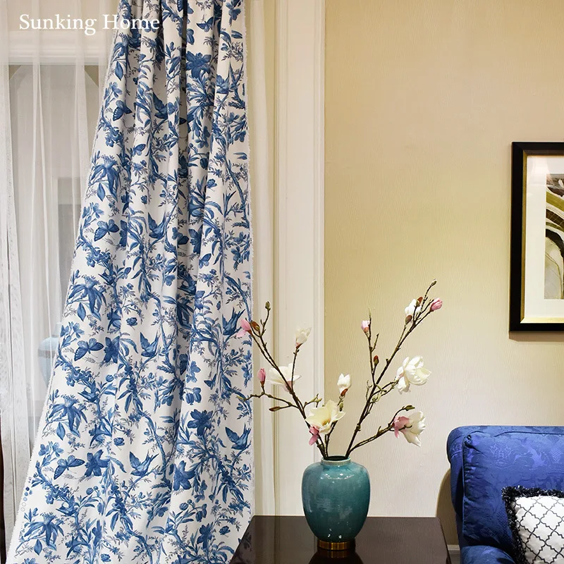 Шторы с изображением цветов островка бабочки синие занавески для гостиной