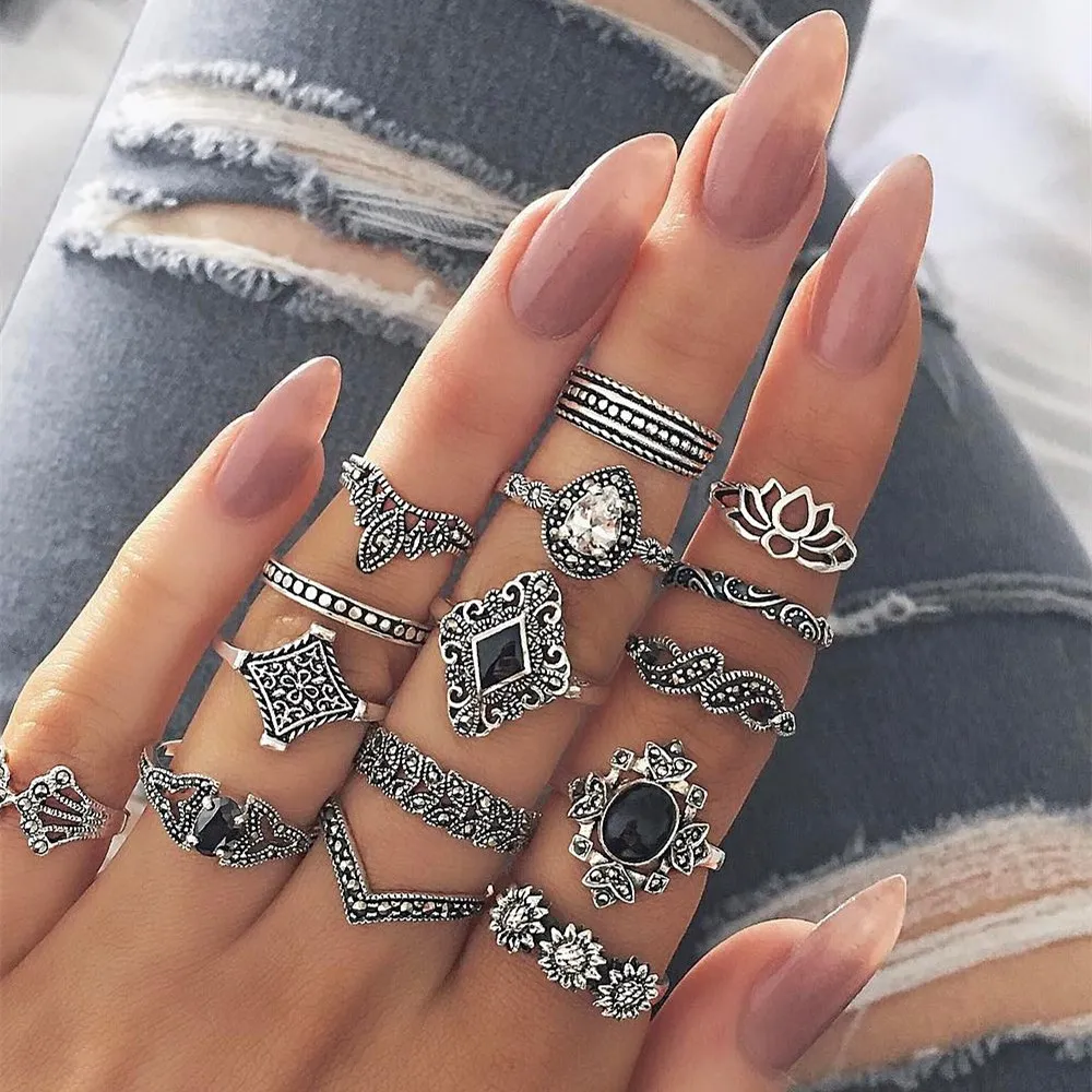 

15Pcs/sets Lotus Flower Black Rhinestone Gothic Aesthatic Vintage Antique Silver Color Rings Sets for Women Men Ring Jewelry