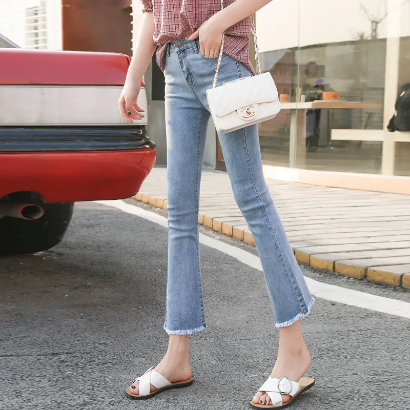 

Women Spring Autumn High Waist Elastic Straight Denim Pants Micro-bell Pants Jeans Women Students Raw Edges Slim Trouser Casual