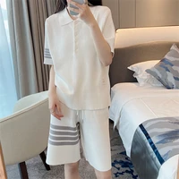 summer tb four bar waffle polo lapel ice linen short sleeved t shirt leisure sports five point pants tide