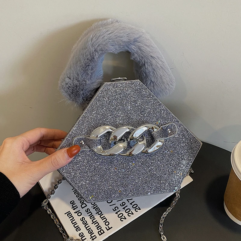 

Sequins Pentagon Hard Handbags with Short Handle Faux Fur Designer Small Crossbody Bags for Women 2022 Thick Chain Shoulder Bag