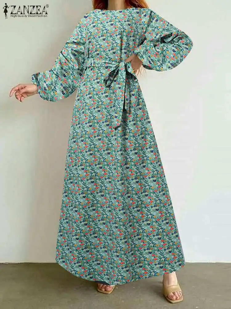 

ZANZEA Women Vintage Floral Print Dresses Female Casual O-neck Long Puff Sleeve Maxi Robe 2023 Fashion Tie Waisted Long Vestidos