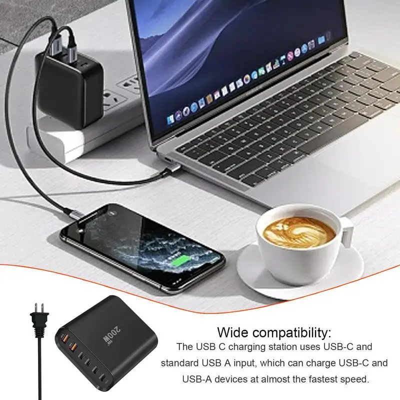 

200W PD Multiport Charger 6 Port Desktop GaN Charger Super Fast USB C Charging Hub Accessories For Laptops And Smartphones