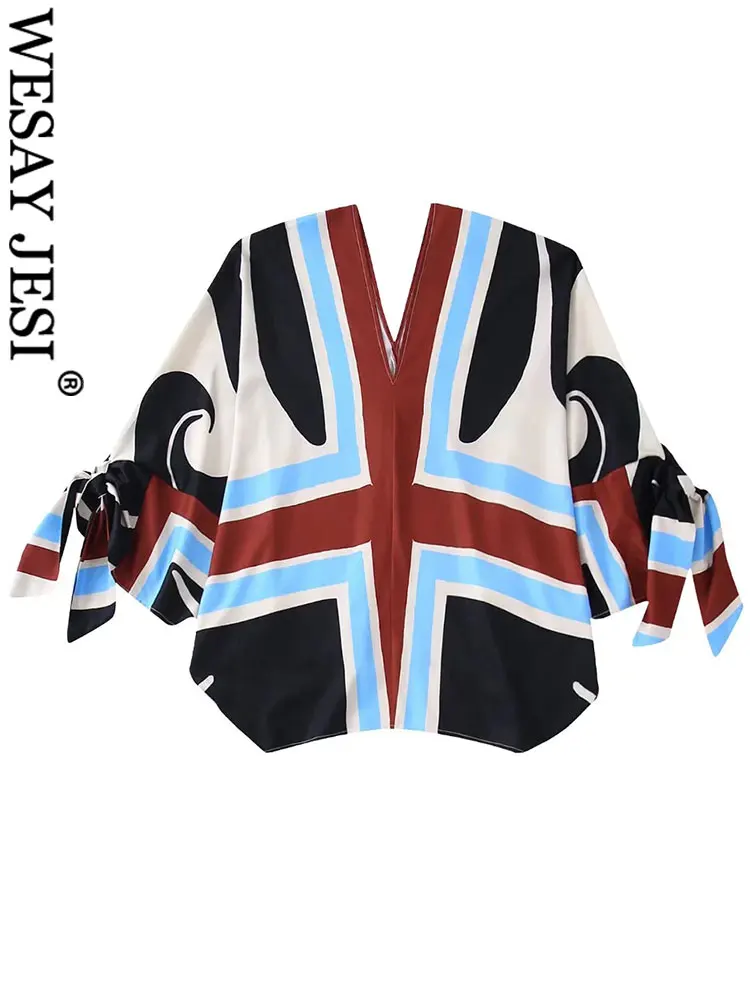 

WESAY JESI Chic V-образный вырез рукав три четверти бант манжеты дизайн элементы Женская одежда оверсайз Свободные повседневные модные женские то...