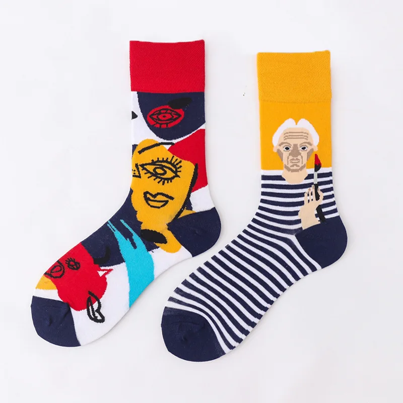 Tide brand jacquard mid-tube couple cotton socks women's fashion casual net red cartoon socks Men Women Socks