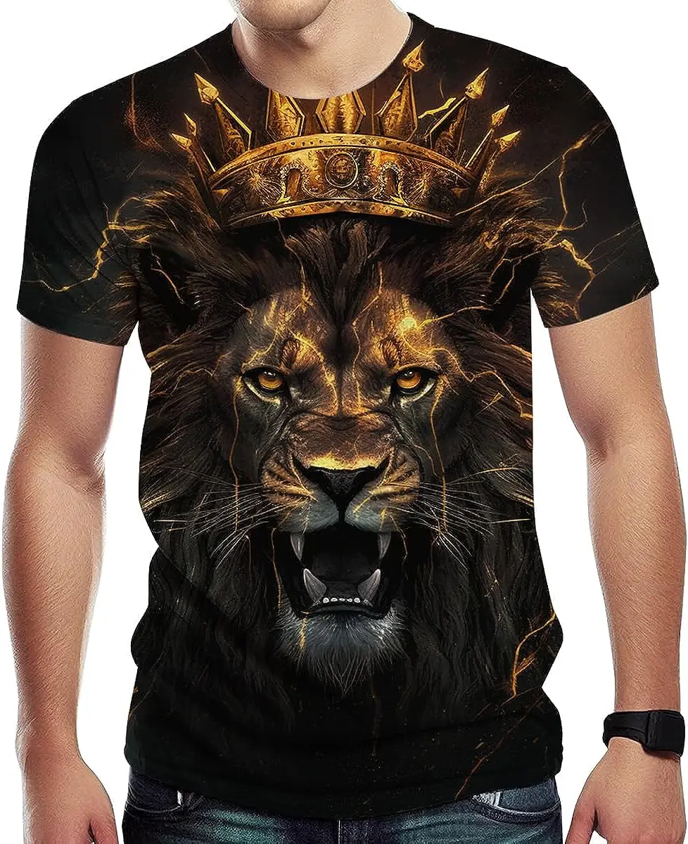 

Men's 2023 New Animal 3D Printed Child of The Forest Lion Print Short Sleeve Breathable Summer Casual Short Sleeve Top