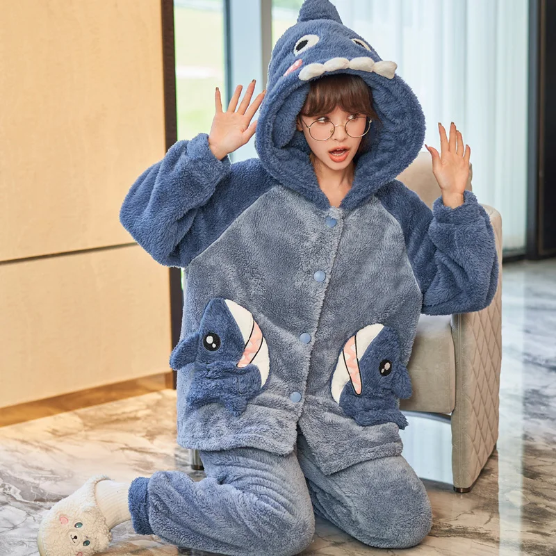 FUNISHI Winter Pajamas Plus Size 3XL Plush Women's pajamas Loose Version Hooded Pajama Set Cartoon Inspissate пижама женская