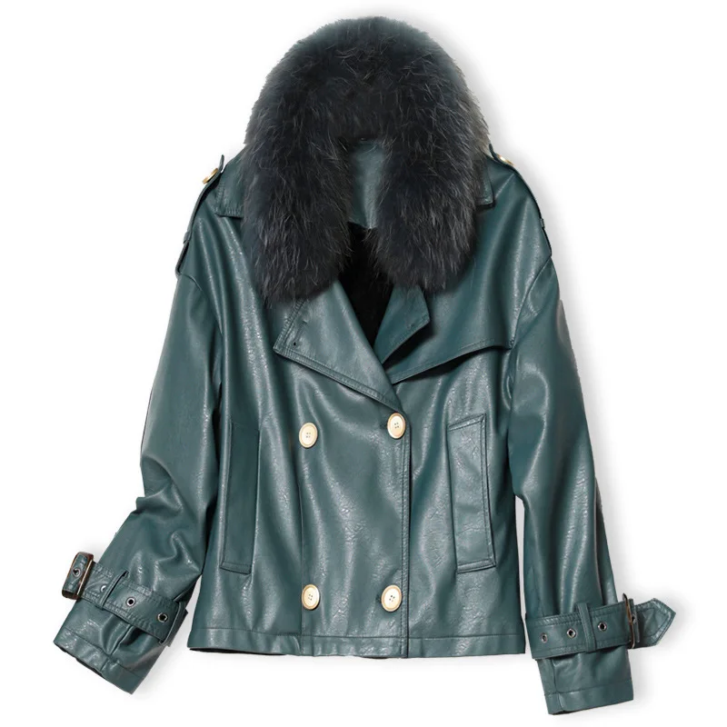 KoHuiJoo 2022 Autumn Winter Women Leather Jacket With Really Fur Collar Warm PU Leather Jackets Short Coat Plus Size M-3XL