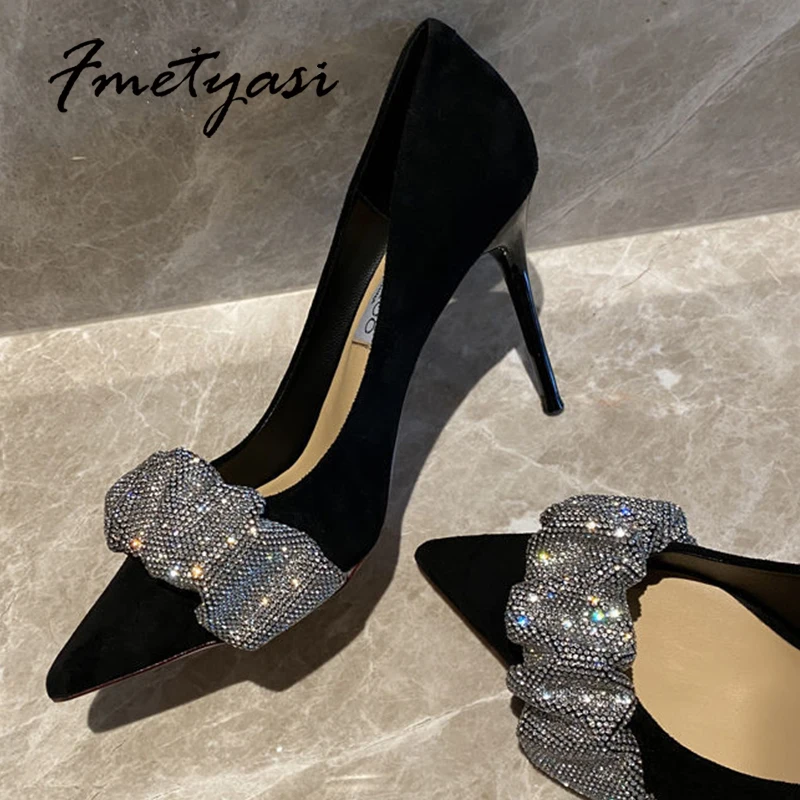 2022 New Women Pumps Luxury Rhinestone Chain Pointed Toe Shallow Mouth Stiletto Spring Summer Black Party Dress Shoes Heel