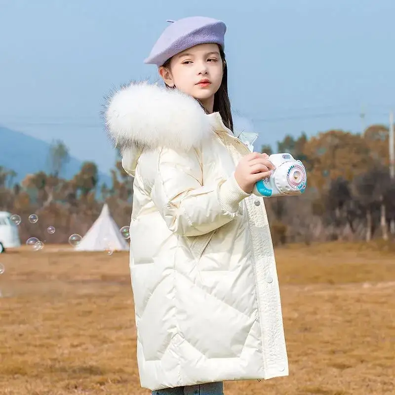 

Girls Bright Cotton Coats Medium Long Parkas Child Korean Version Winter Down Jacket Thick Wash Free Hooded Outerwear 12 Years
