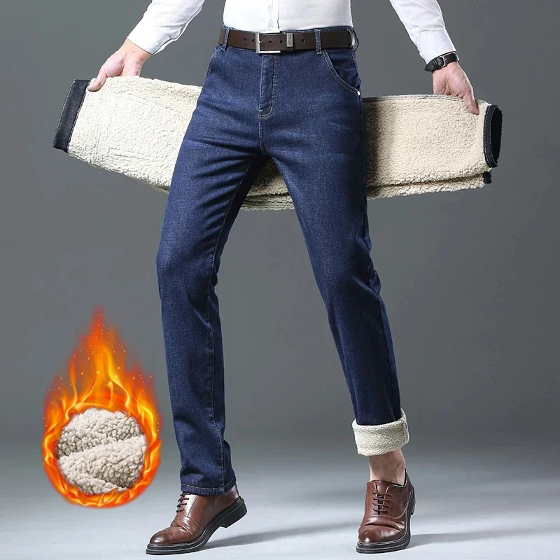 Зимние Мужские Толстые Джинсовые Брюки На Флисовой Подкладке Деловая