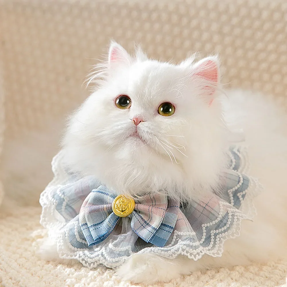

Pet Bib Pink Plaid Ribbon Dog Bowtie Organza Cotton Gauze Dog Necklace Bibs Cat Accessories Special Kitten Pet Products