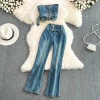 women summer casual two piece set strapless belt crop tops jeans pants set matching stretchy soft skinny fitness slim streetwear