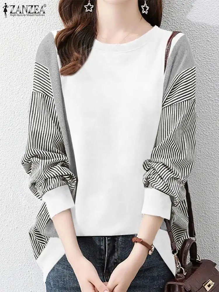 

Fashion Women Long Sleeve Blouse Spring Striped Patchwork Tops ZANZEA Oversize Pullover Casual Loose Shirt Work Blusas Chemise