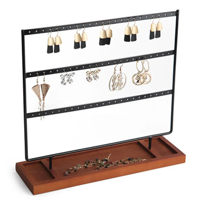 Earrings Organizer Jewelry Display Stand, 3-Tier Earring Holder Rack with Wooden Tray for Earrings Necklaces Bracelets Storage