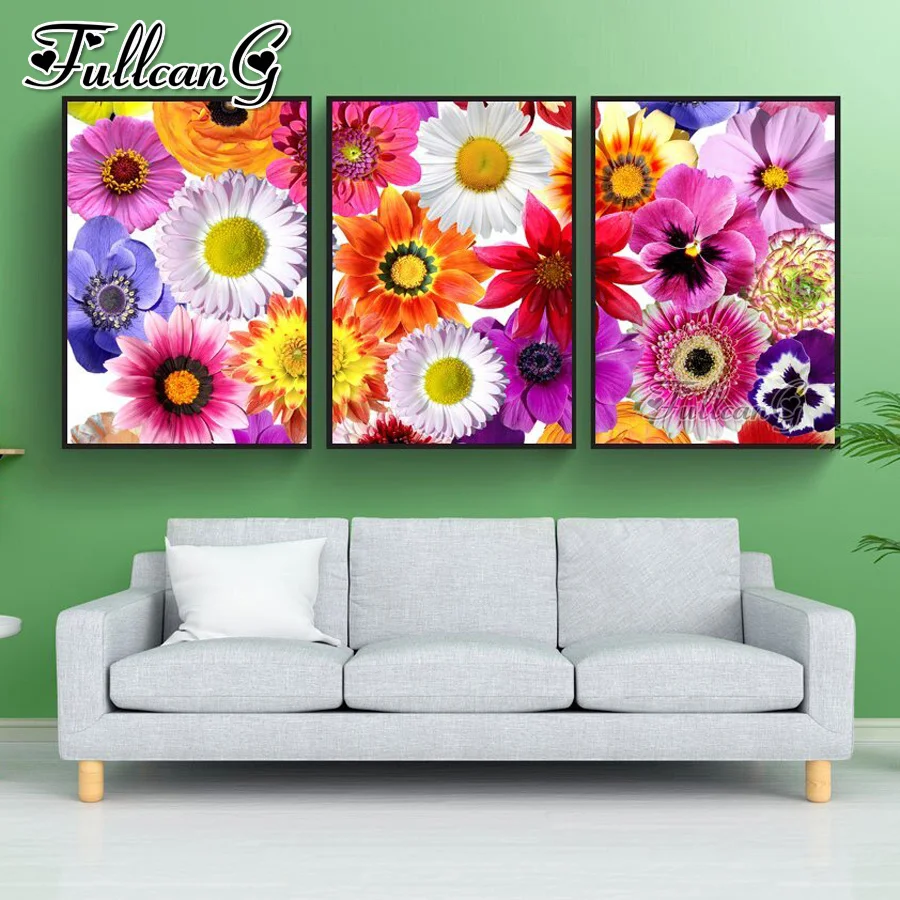 

FULLCANG красочная ромашка, алмазная живопись, вышивка крестиком, Триптих, мозаика, вышивка, яркие цветы, ручная работа, искусство, домашний деко...