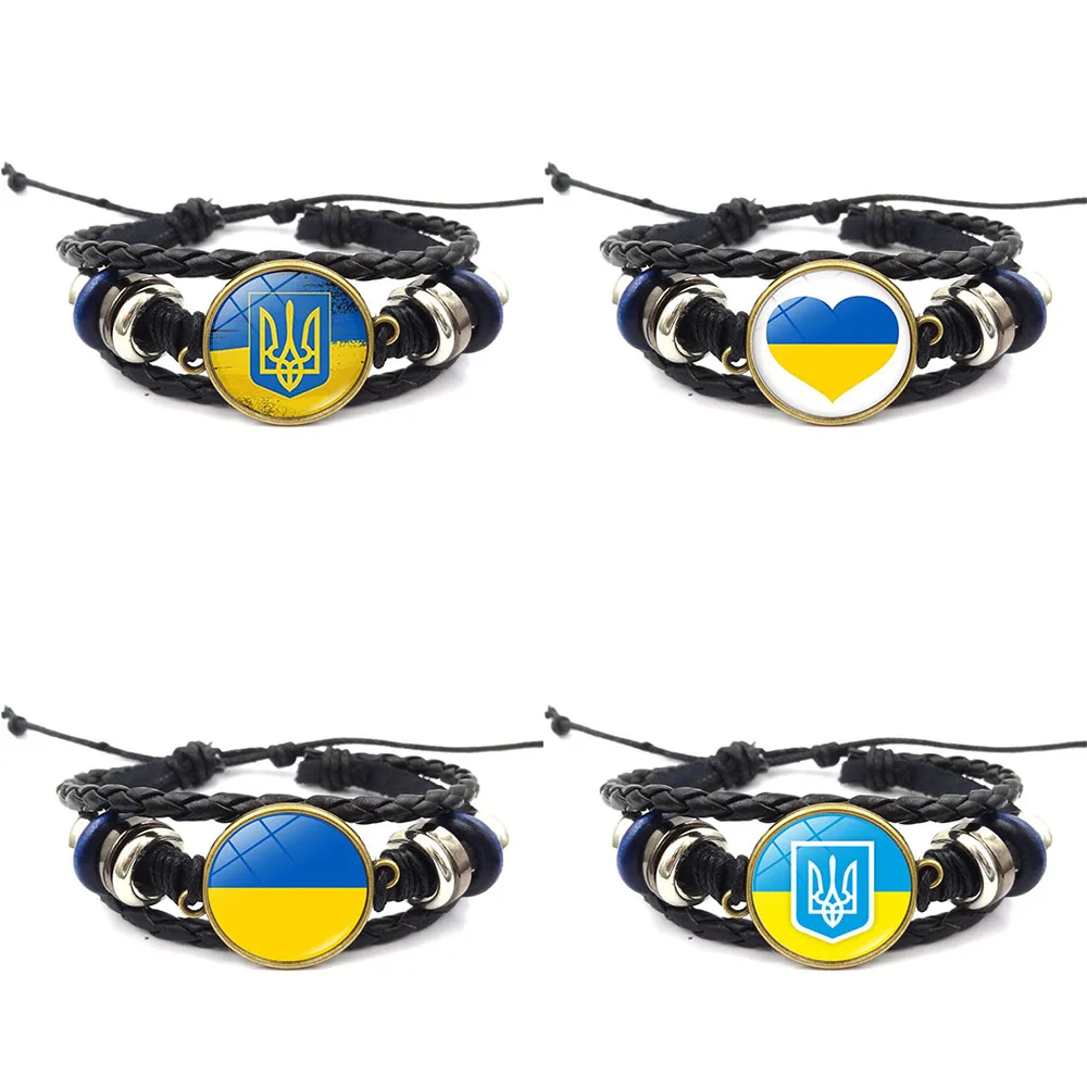 

Punk Ukraine Flag Bracelets For Men Women Ukrainian Symbol Bangles Vintage Glass Wrap Braided PU Leather Flag Bracelet Trendy