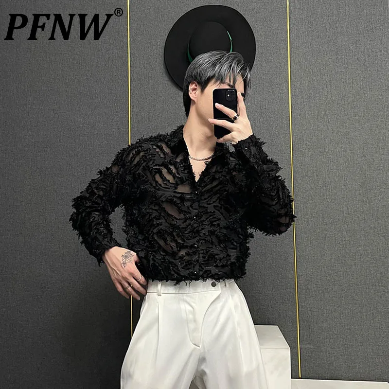 

PFNW Spring Autumn Men's Tide Shirts Punk High Street Style Fur Hollowed Feather Tide Turn-down Collar Design Chic Coats 28A0287