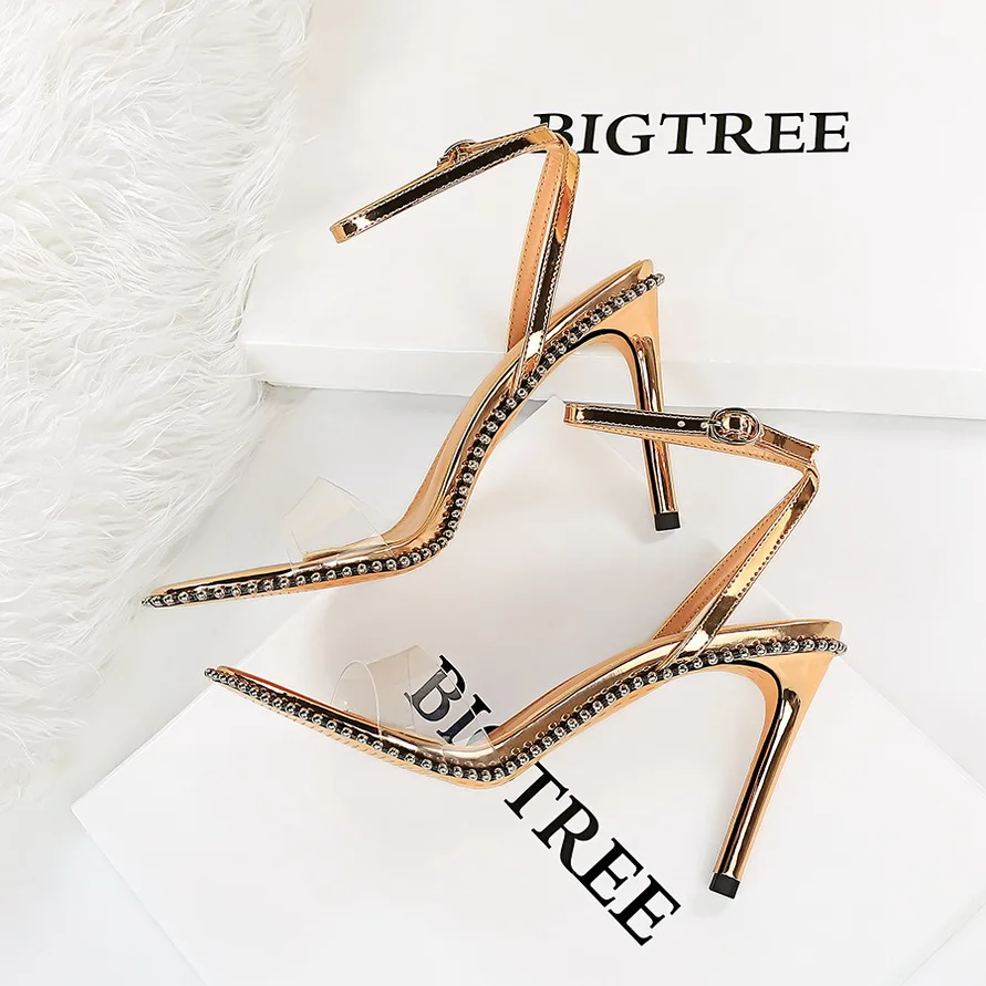 

BIGTREE Shoes Patent Leather High Heels Women Pumps Metal Rivets Transparent Women Heels Stiletto Party Shoes Women Sandals 2022