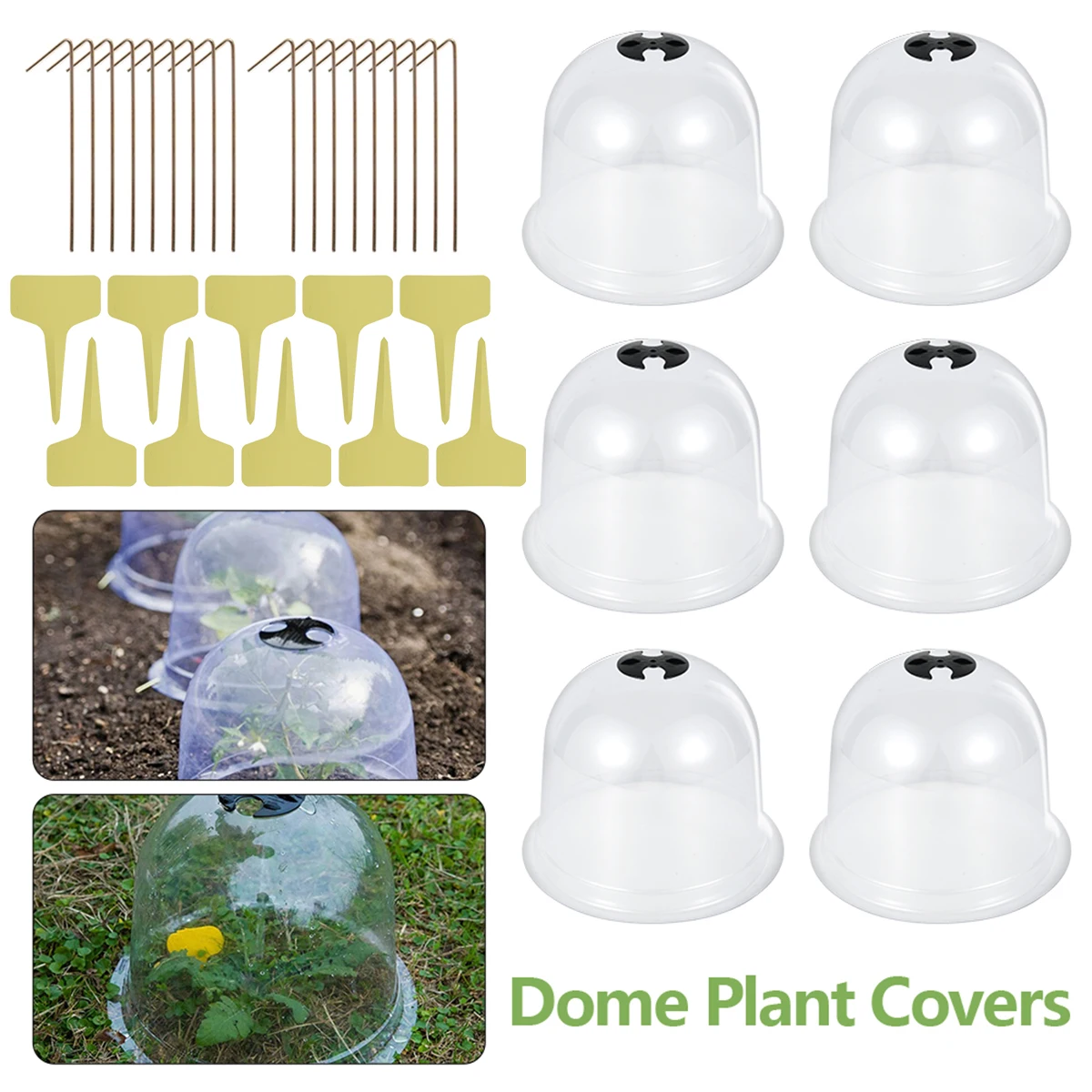 

L 6Pcs Clear Garden Cloche Reusable Plastic Plant Humidity Domes with 18 Ground Securing Pegs & 10 Plant Label Outdoor Plant