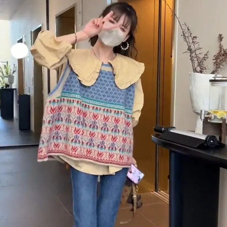 Женский Вязаный Свитер-жилет На Раннюю Осень С Цветочным Принтом Для Офиса Стиль